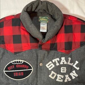 Men’s Wool Winter Football Bomber Jacket in Red and Gray. Varsity Patches MEDIUM